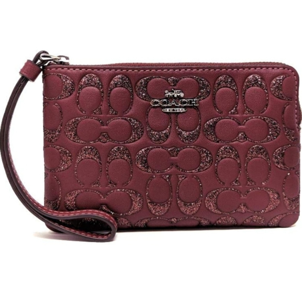Brand New COACH Signature Glitter Embossed Leather Corner Zip Wristlet